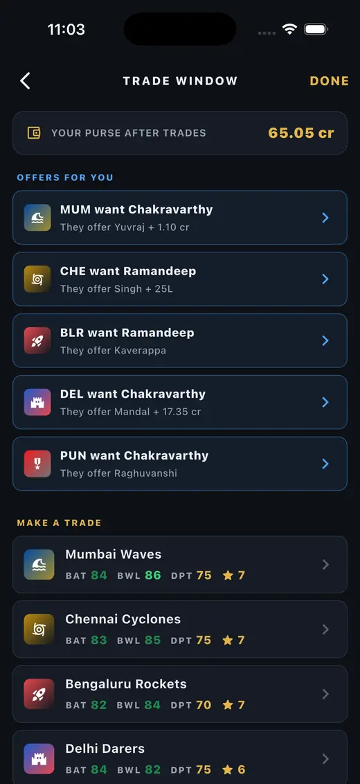 Trade window listing offers from rival clubs for players in your squad.